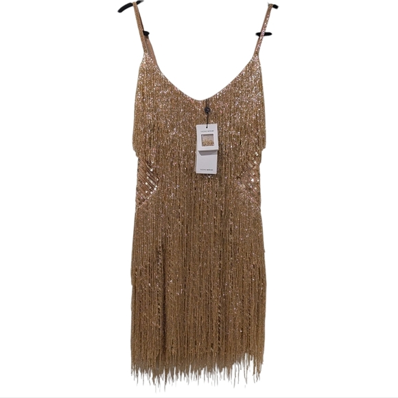 NWT Nadine Merabi Tammy Gold Fringe Beaded Mini Dress Size 10 - Picture 2 of 12